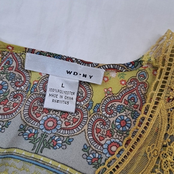 WD NY Women’s Yellow Blue Floral Ruffle Sheer Top Blouse Size L - Picture 6 of 10